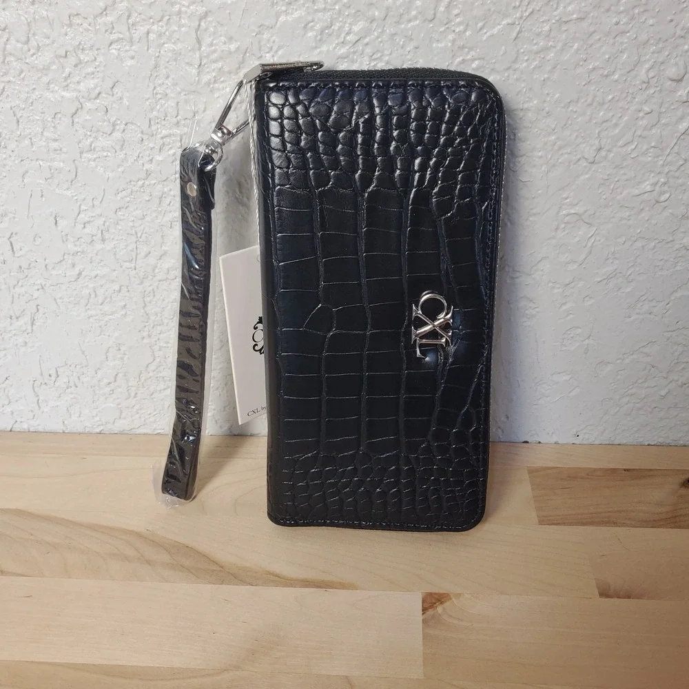 CXL by CHRISTIAN LACROIX Kara Croco Zip Around Wallet Black Wrist Strap Wristlet
